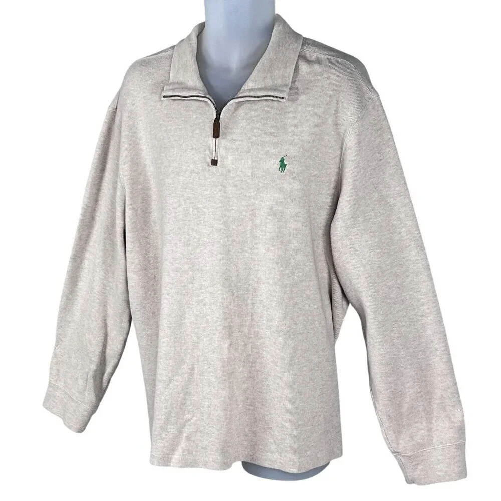 Polo Ralph Lauren Mens XXL Tan Rib Mockneck 1/4 Zip Pullover Old Money Timeless